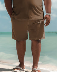 All-Match Solid Color Brown Polo Shirt Shorts Suit Men's Plus Size