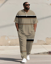 Men's Plus Size Khaki Color-block Line Print Henry Collar T-shirt Trousers Suit