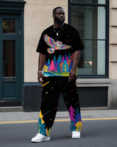 Big Men's Animal Theme Flying Owl Cartoon Printed Summer Short Sleeve T-shirt Pants Set