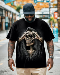 Big & Tall Men's Black Skull Love Printed Round Neck Short Sleeve T-Shirt