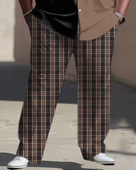 Patchwork Plaid Long-sleeved Lapel Shirt 2-piece Set Men's Plus Size