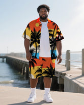 Big Men's Sunset Coconut Trees Hawaiian Theme 2-Piece Short Sleeve Shirt Shorts Suits