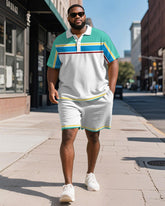 Men's Plus Size Business Green Colorblock Striped Print Short Sleeve Polo Shirt Shorts Suit