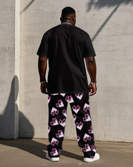 Black Street Fashion Pink Flame Love Heart & Large Lip Pattern Print