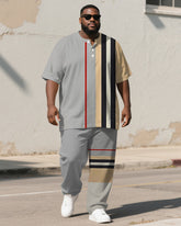 Men's Plus Size Light Gray Khaki Colorblock Stripe Print Henley Collar T-Shirt Pants Suit