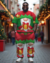 Men's Plus Size Holding Gift Santa Claus Printed T-Shirt Trousers Suit
