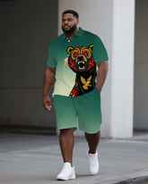 Big Man's Ethical Bear Cartoon Printed Gradient Summer Short-Sleeve Polo Shirt & Shorts Set