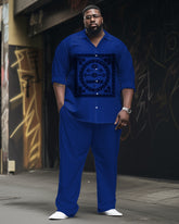 Men's Plus Size Retro Square Graphic Long Sleeve Shirt and Pants Set