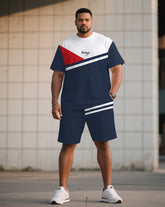 Men's Plus Size Scarlet Blue & White & Red Skinny Colorblock Small Label Printed Short-Sleeved T-Shirt Shorts Suit