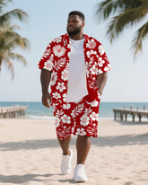 Big Men's Elegant Flower Plant Hawaiian Theme 2-Piece Short Sleeve Shirt Shorts Suit