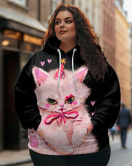 Women's Plus Fashion Cute Pink Cat Print Long Sleeve Hoodie