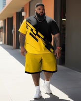 Men's Large Size Street Color Block Yellow And Black Graffiti Short-Sleeved Shorts Set