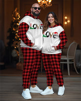 Couple Matching Plus Size Christmas Love Plaid Hoodie Sweatpants Set
