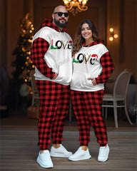 Couple Matching Plus Size Christmas Love Plaid Hoodie Sweatpants Set