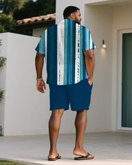 Men's Plus Size Summer Blue Ocean Striped Short Sleeve Shirt Shorts Suit