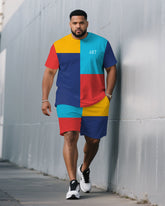 Men's Plus Size Blue & Yellow & Red Fashion Large Color Block Color Block Chest Small Label Printed Round Neck Short Sleeve T-Shirt Shorts Suit