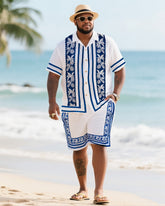 Big Men's Vacation Casual Bohemian Style Blue Vintage Striped Edge Textured White Short Sleeve Shirt Shorts Suit