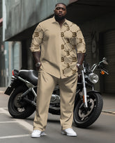 Big & Tall Men's Business Khakis B Letter Diamond Pattern Printed Long Sleeve Shirt Pants Suit