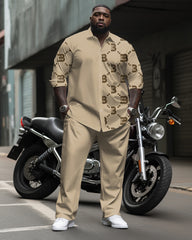 Big & Tall Men's Business Khakis B Letter Diamond Pattern Printed Long Sleeve Shirt Pants Suit