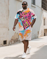 Men's Plus Size Pink Graffiti Abstract Cartoon Print Short-sleeved T-shirt Shorts Suit
