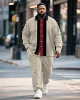 Big & Tall Men's Business Khachi Striped Print Bamboo Hemp Texture Long Sleeve Shirt Trousers Suit