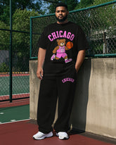 Big Men's Casual Cartoon Basketball Bear Athlete CHICAGO Printed Short Sleeve T-shirt Pants Set