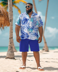Men's Big & Tall Hawaiian Fashion Blue Plant Print Shirt Shorts Set