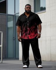 Men's Plus Size Black Red Flame Short Sleeve Shirt Trousers Suit