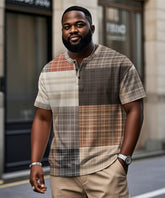 Men's Plus Size Daily Casual Vintage Plaid Patchwork Geometric Print Henry Collar Button Short Sleeve T-Shirt