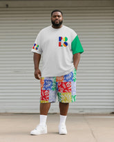 Big & Tall Men's Colorful Geometric Letters Colorblock Floral Print Round Neck Short Sleeve T-Shirt Shorts Suit