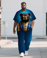 Men's Cartoon Royal Bear Gradient Effect Street Fashion Short Sleeve Shirt and Pants Set