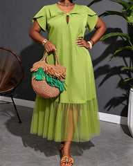 L-4XL Solid Color Design Mesh Stitching Midi Dress