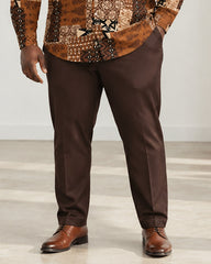 Big & Tall Men's Retro Brown Ethnic Geometric Print Long Sleeve Shirt Pants Set