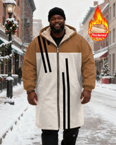 Big & Tall Men's Brown White Black Contrast Line Printed Velvet Thickened Long Hooded Coat