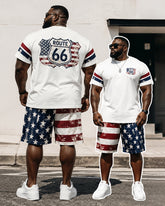 Big & Tall Men's Distressed Flag Road 66 Printed Crew Neck Short Sleeve T-shirt Shorts Set