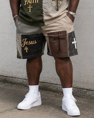 Big & Tall Men's Retro Distressed Stitching Cross JESUS FAITH Printed Crew Neck Short Sleeve T-shirt Shorts Set