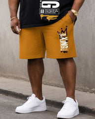 Big & Tall Men's Graffiti Crown Vertical Letter Cross Printed Round Neck Short Sleeve T-Shirt Shorts Set
