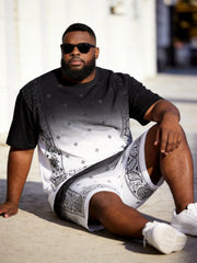 Big & Tall Men's Black And White Gradient Cashew Flower Printed Round Neck Short Sleeve T-shirt Shorts Set