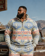 Big & Tall Men's Retro Western Diamond Totem Print Half Zip Sweatshirt Set