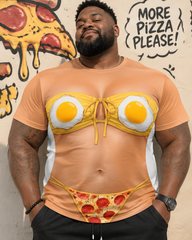 Big & Tall Men's Omelette Bikini Pizza Panties Fun Printed Round Neck Short Sleeve T-Shirt