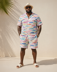 Big & Tall Men's Colorful Small Fish Print Short Sleeve Shirt Shorts Set