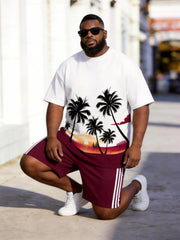 Big & Tall Men's Coconut Tree Sunset Wine Red Striped Printed Crewneck Short Sleeve T-Shirt Shorts Set