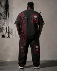 Big & Tall Men's Black And Red Stitching Rivet Skull Cross Printed T-Shirt Pants Set