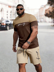 Big & Tall Men's Khaki Brown Color Block King Printed Round Neck Short Sleeve T-shirt Shorts Set