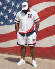 Big & Tall Men's USA250 Anniversary Gradient Star-stripe Printed Short-sleeved Shirt Shorts Set