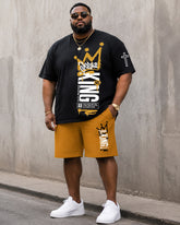 Big & Tall Men's Graffiti Crown Vertical Letter Cross Printed Round Neck Short Sleeve T-Shirt Shorts Set