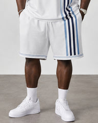 Big & Tall Men's Vertical Stripe Stitching Hanging Printed Crewneck Short Sleeve T-shirt Shorts Set