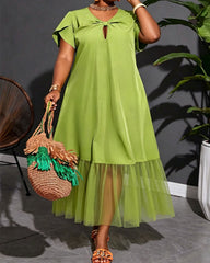 L-4XL Solid Color Design Mesh Stitching Midi Dress
