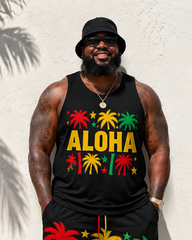 Big & Tall Men's Reggae ALOHA Alphabet Coconut Tree Star Print Tank Top Shorts Set