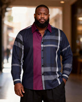 Big & Tall Men's Navy Purple Stitching Pattern Printed Long Sleeve Shirt
